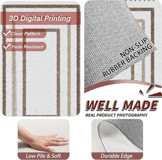 Moroccan Farmhouse Area Rugs 4x5ft, Neutral Geometric Pattern in Off-White Rug, Low Pile Machine Washable & Non-Slip Soft Carpet for Living Room, Bedroom & Dining Room