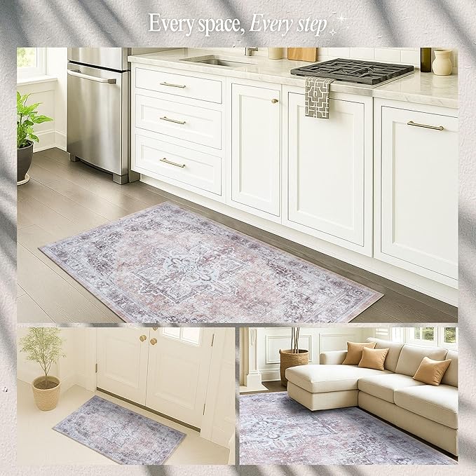 Fame Rugs Turkish Rug. Washable Vintage Oriental Antique Inspired Traditional Doormat Small Modern Area Rugs Luxury Entryway Entry Bedroom Bathroom Kitchen (392TW, 2'5 x 5')