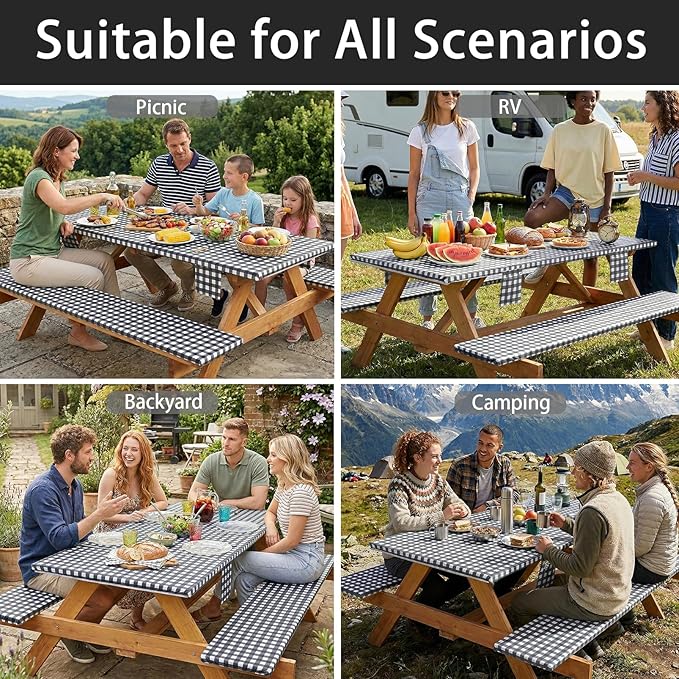 3 Piece Fitted Elastic Picnic Table Cover with Bench Covers 96x30 Inch Weather Proof Outdoor Table Cloth Summer Motorhome Patio Vacation Things White Elephant Gifts for Her Who Have Everything