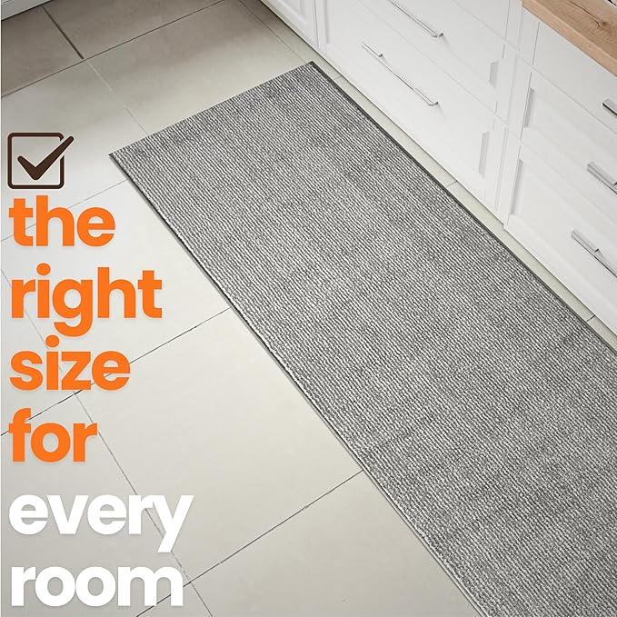 7ft Custom Cut Runner Rug for Narrow Hallways Kitchens - Striped Grey | Non-Slip & Washable | No-Fray Edge Finished
