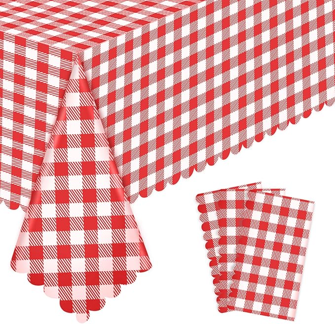 3 Pack Red Gingham Tablecloths, 54 X 108Inch Plastic Red and White Checkered Tablecloth Disposable Picnic Table Cloths Waterproof Outdoors Tablecloth for Camping Picnic Barbecue Birthday Party