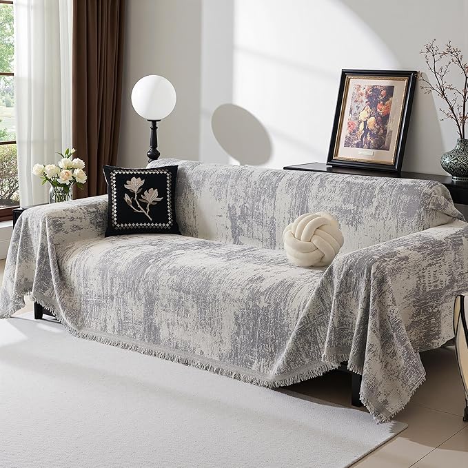 MEETSKY Small Boho Couch Cover Sofa Covers Washable, Chenille Soft Throws Cover for Love seat, Abstract Geometric Sofa Slipcover Multi-Use Furniture Protector for Dogs Pets, 71" x 102", Light Grey