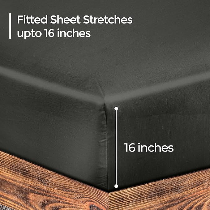 ROYALE LINENS 300 Thread Count 100% Long Staple Combed Cotton Fitted Sheet Queen - Super Soft Deep Pocket Bottom Sheet - Fitted Sheets Only - Elastic Sheets (Queen, Black)