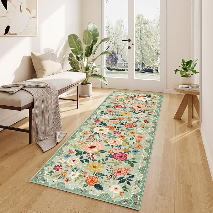 DUKINO 2x10 Kitchen Runner Rug for Hallway, Washable Runner Rug with Non Slip Backing, Low Pile Soft Boho Floral Carpet for Kitchen, Hallway, Entryway, Laundry, Bedroom, Green
