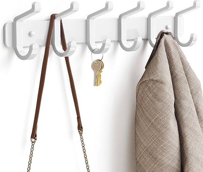 pickpiff Coat Rack Wall Mounted Heavy-Duty: Metal Coat Hanger 6 Hooks for Hanging Hat, Clothes, Robe, Keys, Backpack, Bathroom Towels, Jacket, Purse - Closet, Door, Entryway, Mudroom (White, 1 Pack)