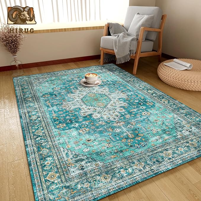 Washable Area Rug 4' x 6' Vintage Traditional Persian Mat - Foldable Distressed Non-Slip Machine Washable Carpet for Living Room Bedroom Kitchen Home Decor - Teal and Gold