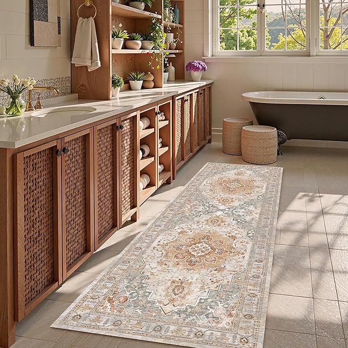 Washable Area Rug 2'6'' x 8' Vintage Traditional Persian Mat - Foldable Distressed Non-Slip Machine Washable Carpet for Living Room Bedroom Kitchen Home Decor - Dove Gray and Coral