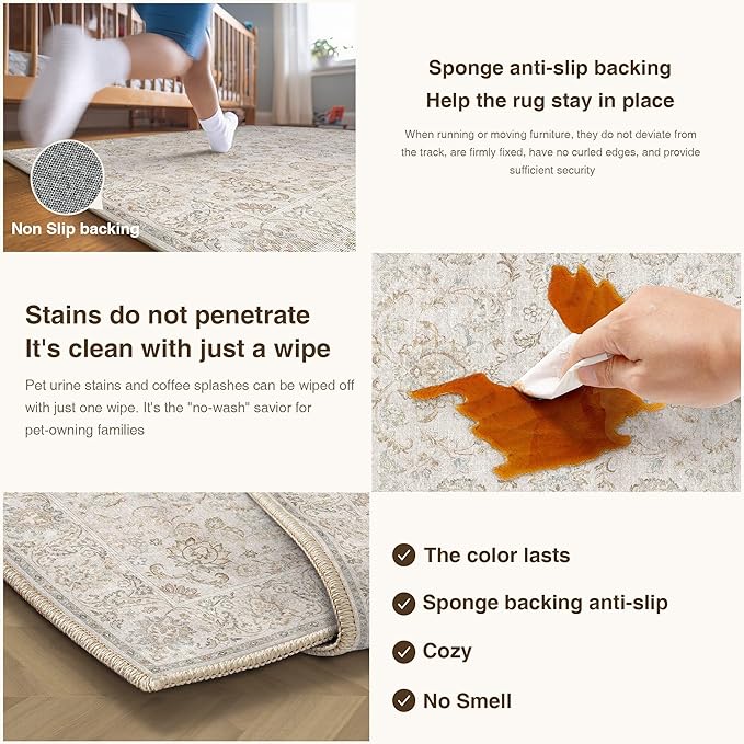HUGEAR 3x5 Machine Washable Area Rugs Vintage Grey - Neutral Non Slip Stain Resistant Low Pile Aesthetic Throw Carpet Kids & Pet Friendly for Living Room Kitchen Dining Room Laundry