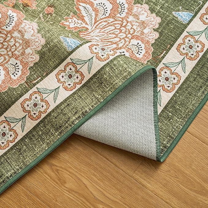 jinchan Elora 4ft Floral Round Rug for Entryway Washable Kitchen Rug Vintage Romance Design Non Slip Indoor Doormat Lightweight Low-Profile Throw Carpet for Living Room Dining Room Bedroom, Green