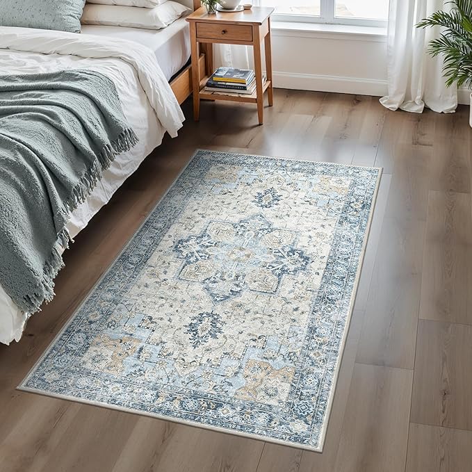 3x5 Area Rugs for Living Room, Machine Washable Rug, Non Slip Vintage Rugs, Low Pile Lightweight Print Rug for Bedroom, Dining Room, Home Office, Blue