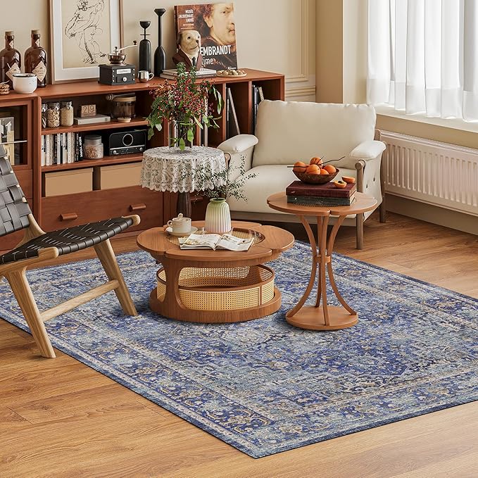 Washable Area Rug 6' x 9' Vintage Traditional Persian Mat - Foldable Distressed Non-Slip Machine Washable Carpet for Living Room Bedroom Kitchen Home Decor - Indigo and Gold