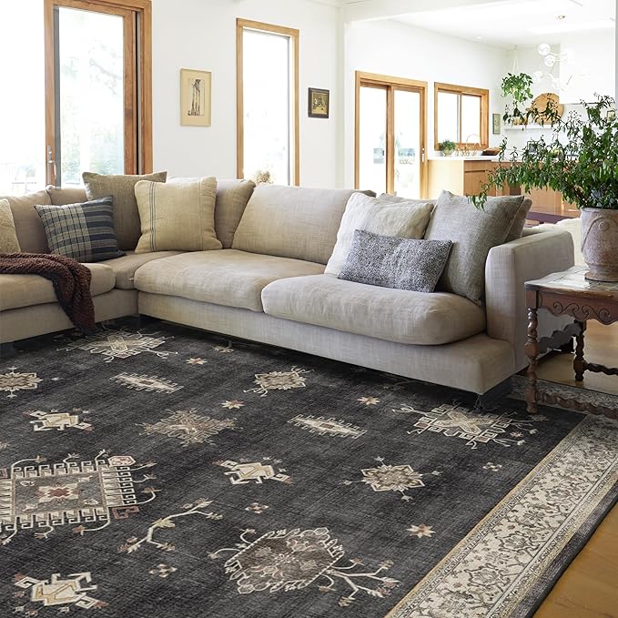 RUGGABLE Washable Vintage Area Rug – Verena Dark Wood 8x10, Stain-Resistant, Non-Slip – Large Machine Washable Rugs for Living Room, Bedroom, Hallway, Entryway & Office–with Standard Pad