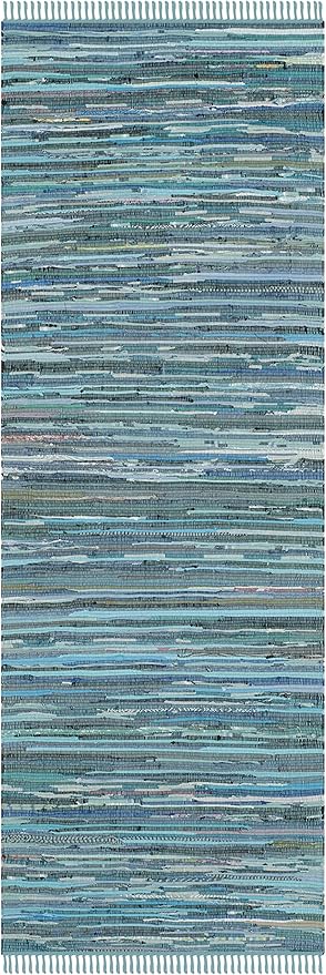 SAFAVIEH Rag Rug Collection Runner Rug - 2'3" x 7', Blue & Multi, Handmade Boho Stripe Cotton, Ideal for High Traffic Areas in Living Room, Bedroom (RAR121B)
