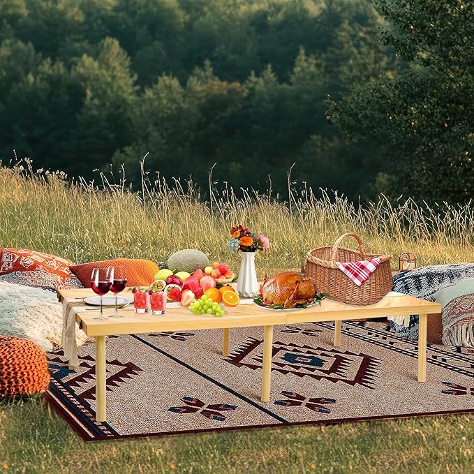 Folding Picnic Table with Table Runner, Portable Boho Low Picnic Table for Indoor Outdoor, 60" x 30" Wooden Table with Adjustable Heights for Camping, Wedding, Beach, Garden, Party(Large Size for 6)