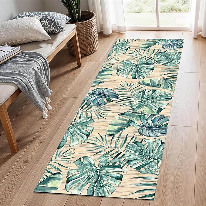 Tropical Palm Leaf Runner Rug 2.6x10 ft - Green Plant Pattern Non-Slip Rug, Stain Resistant Easy Clean for Hallway, Living Room, Bedroom Floor Mat