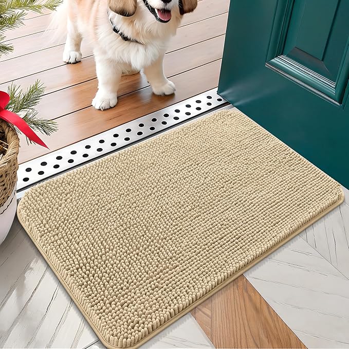 OLANLY Dog Door Mat for Muddy Paws 30x17, Absorbs Moisture and Dirt, Absorbent Non-Slip Washable Doormat, Quick Dry Chenille Mud Mat for Dogs, Entry Indoor Entryway Carpet for Inside Floor, Beige