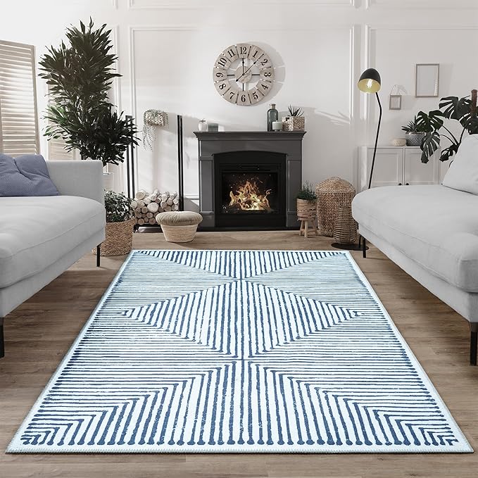 Bloom Rugs Washable Non-Slip 4' x 6' Rug - Blue/Ivory Striped Area Rug for Living Room, Bedroom, Dining Room, and Kitchen - Exact Size: 4' x 6'
