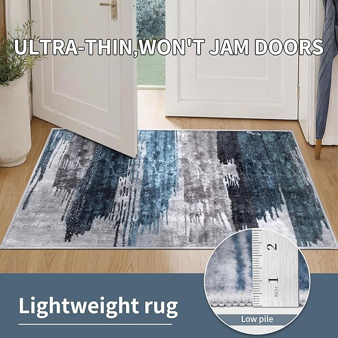Ciicool Modern Abstract Deep Blue Gray Rug for Living Room, 4'x6' Machine Washable Area Rug Non-Slip Rug, Low-Pile Contemporary Indoor Dining Floor Carpet for Bedroom Office Under Table Home Decor