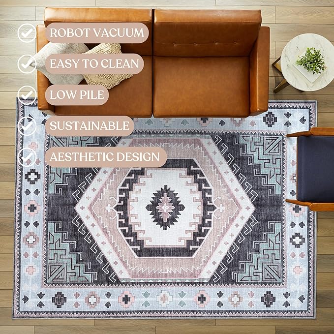 Fame Living Washable Area Rug. Modern Farmhouse. Vintage. Turkish. Bohemian. Distressed. Oriental. Traditional. Rugs for Living Room. Dining. Bedroom. Office. Entryway. (856BlckGry, 5'9" x 8'9")