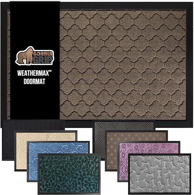 GORILLA GRIP 100% Waterproof All-Season WeatherMax Doormat, 47x35, US Designed Natural Rubber, Stain and Fade Resistant, Low Profile Indoor Outdoor Door Mats, Easy Clean Patio Mat, Latte Quatrefoil