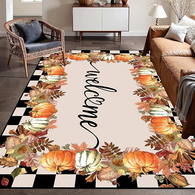 Checkered Area Rugs, 3x4ft, Black and White Check with Fall Leaves Pumpkin Autumn Harvest Carpet, Entrance Rubber Non Slip Breathable Fall Rug for Dining Room Laundry