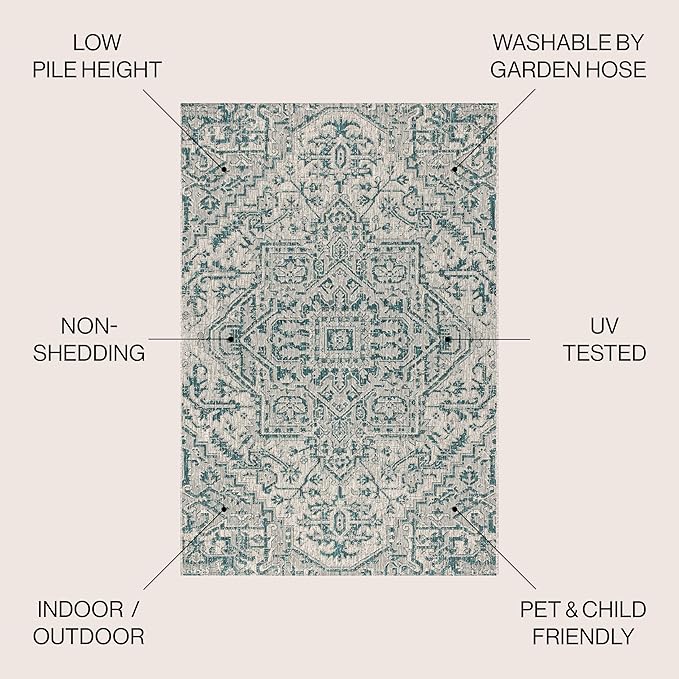 JONATHAN Y Boho Medallion Indoor Outdoor Area Rug 9X12 Teal/Gray, Estrella Textured Weave for Backyard, Patio, Porch, Easy-Cleaning, High Traffic, Pet-Friendly, Non-Shedding (SMB105C-9)