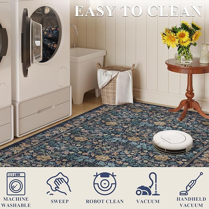 DUKINO 2x6 Runner Rug for Hallway, Washable Vintage Floral Kitchen Rug with Non Slip Backing, Soft Low Pile Throw Carpet Runner for Kitchen, Laundry, Hallway, Bathroom, Dark Blue