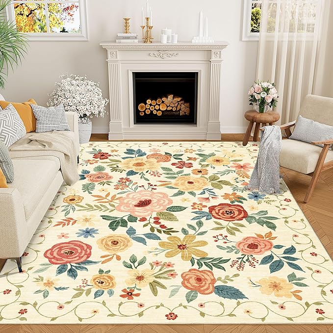 DUKINO 9x12 Area Rug, Floral Rugs for Living Room, Lightweight Non Slip Washable Rug, Indoor Low Pile & Non-Shedding Boho Design Rugs for Bedroom, Living Room, Dining Room, Beige Yellow