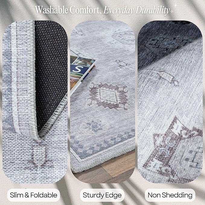 Fame Rugs Turkish Rug. Washable Vintage Oriental Antique Inspired Traditional Doormat Small Modern Area Rugs Luxury Entryway Entry Bedroom Bathroom Kitchen (393VG, 2'5 x 9'8)