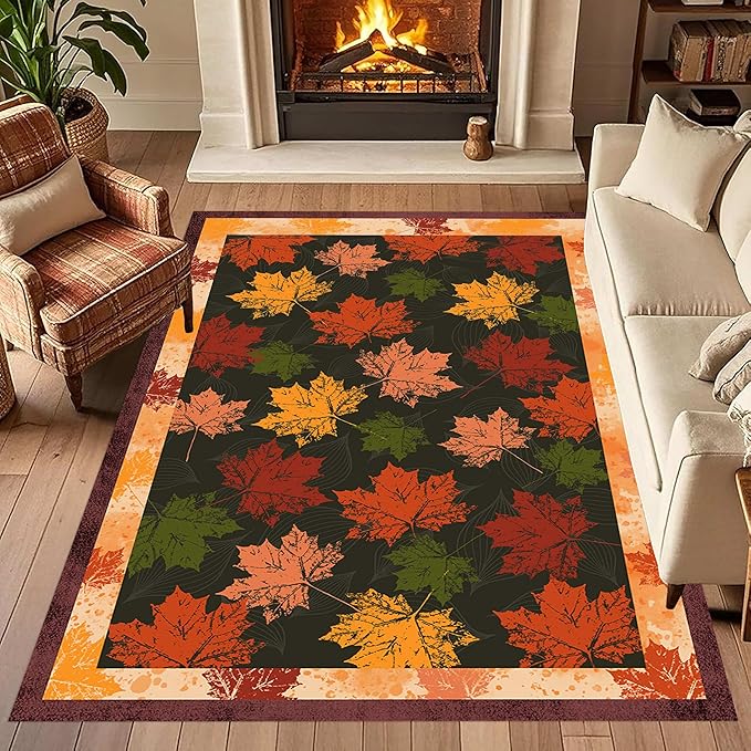 Fall Themed Area Carpet, 4x6ft, Autumn Fallen Leaves Print Pattern Retro Rustic Style Dark Stain Resistant Throw Rug, Low-Profile Non Slip Breathable Floor Mat for Dining Room Laundry