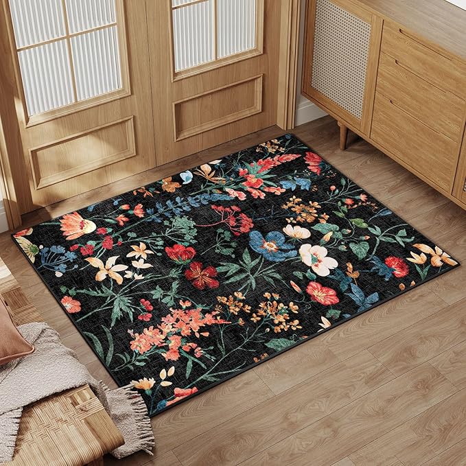 Black Area Rug 2x3 Entryway Floral Boho Door Mat Indoor Washable Kitchen Carpet Non Slip Bedroom Lightweight Low Pile Accent Rug for Bathroom Living Room Office Dining Room