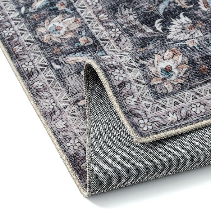 2x6 Washable Vintage Runner Rug Black Grey Hallway Kitchen Carpet Non-Slip Soft Low Pile Distressed Throw Rug for Bedroom Bathroom Laundry Living Room