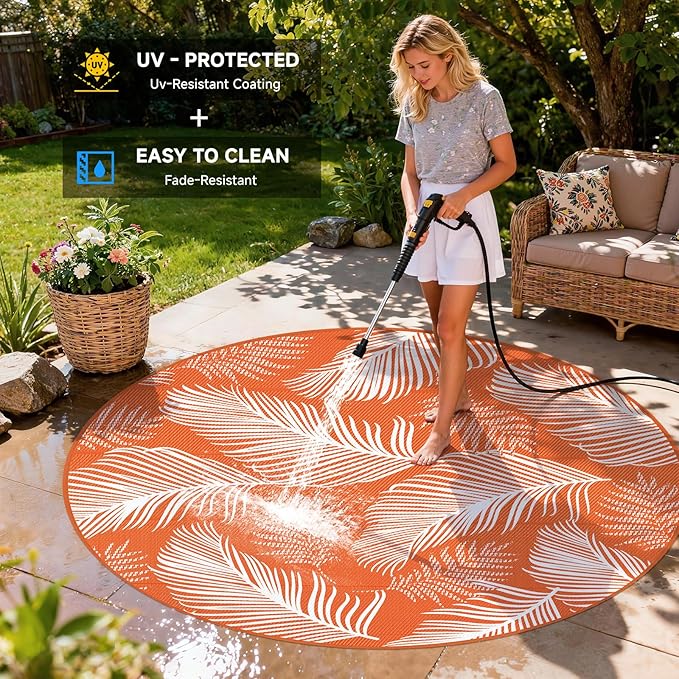 Pauwer Waterproof Outdoor Rug 8ft, Reversible Plastic Straw Patio Camping Rug, Indoor Outdoor RV Mat Carpet for Deck, Camper, Porch, Balcony, Backyard, Picnic, Leaf Orange