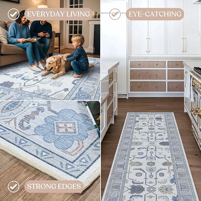 Fame Living Cream Blue Oushak Runner Rug, Modern Runners, Vintage, Turkish, Eclectic, Floral, Pastel, Washable, Long Runner Rugs for Hallway, Kitchen, Living Room, Bedroom, Kitchen, Bathroom, 2'5"x13'