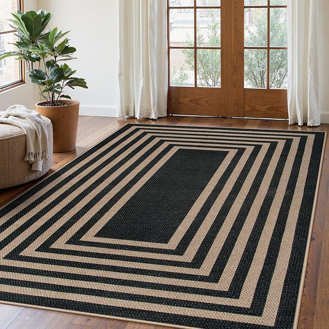 Lahome Modern Geometric Easy Jute Outdoor Rug, 5x7 Patio Living Room Rug Large Black Carpet for Bedroom, Farmhouse Washable Indoor Outdoor Carpet for Dining Room Backyard Deck