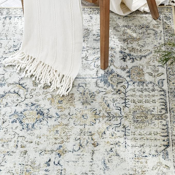 jinchan Kalen Area Rug 6x9 Washable Living Room Rug Vintage Indoor Large Floor Cover Retro Distressed Floral Country Boho Lightweight Non Slip Thin Carpet for Kitchen Bedroom Dining Room Office Blue