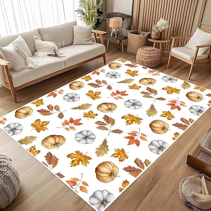 Pumpkin Area Rug, 4x5ft, Fun Vibrant Autumn Harvest Fallen Leaves Pumpkin Plant White Fall Porch Rug, Sturdy Non Slip Easy-Washing Fall Decorations for Home Bedroom