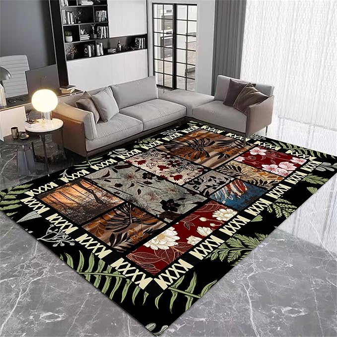 Vintage Jungle Floral Area Rug 3x4ft, Tropical Leaf Print Low Pile Carpet, Washable Non-Slip & Soft Mat for Bedroom, Living Room, Dining Room, Playroom