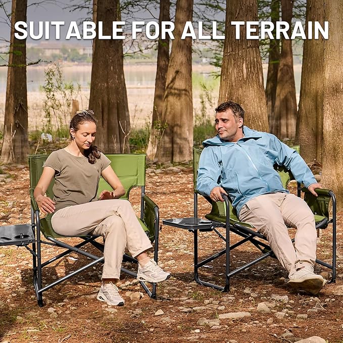 TIMBER RIDGE XXL Director’s Chair – Heavy Duty Folding Chair with Side Table, 500 lb Capacity, Extra Wide Padded Seat for Camping, Sports, Beach, Patio, and Outdoor Use, Green-2 Pack
