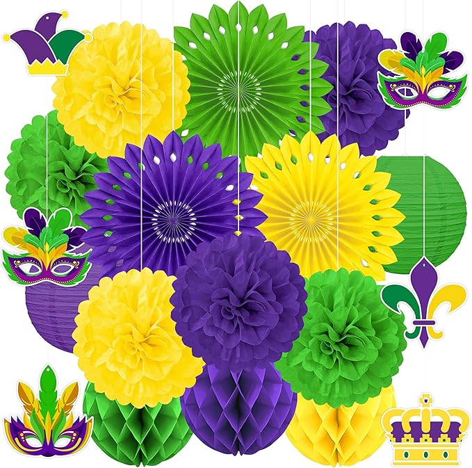 22pcs Mardi Gras Party Decorations – Purple Gold Green Paper Fans, Honeycomb Hangings for Carnival, Centerpieces, Birthday Supplies