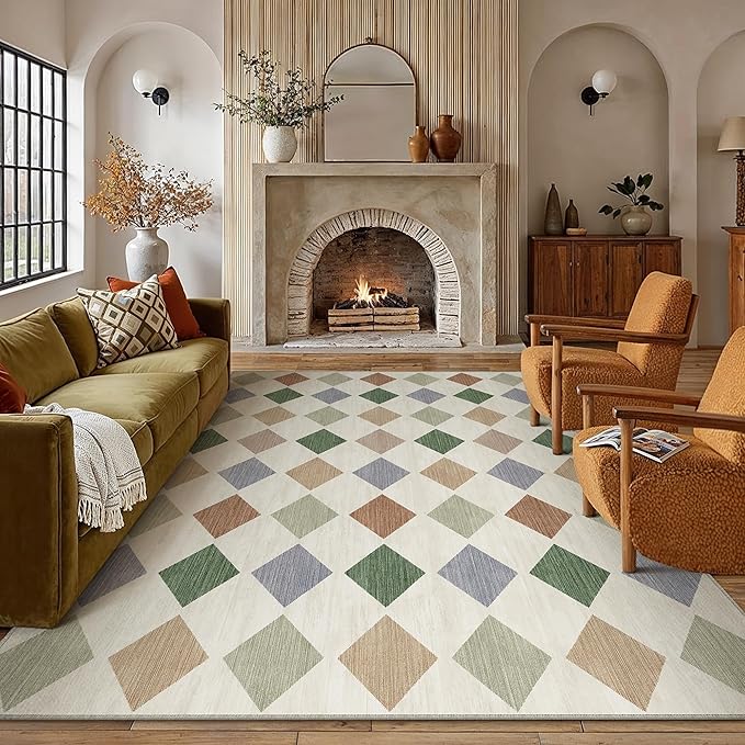 8x10 Checkered Area Rugs for Living Room Colorful Machine Washable Large Rug Non-Slip Stain Resistant Low Pile Boho Accent Indoor Throw Carpet for Bedroom Dining Room Home Aesthetic Decor