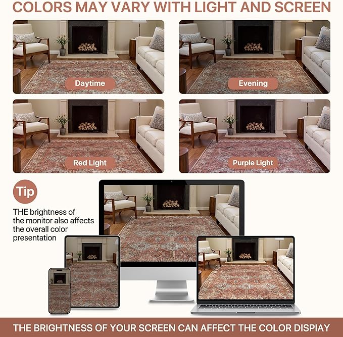 Bavni 8x10 Area Rugs for Living Room, Machine Washable Rug Non Slip, Vintage Chenille Distressed Print Carpet, Large Low Pile Ultra-Thin Lightweight Rugs for Bedroom, Dining Room, Office, Spice Sky