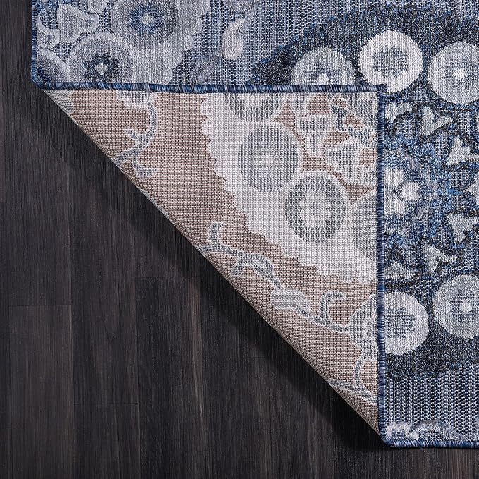 CAMILSON Indoor Outdoor Rug 10x14 Bohemian Medallion Floral Area Rugs for Indoor and Outdoor Patios Easy-Cleaning Non-Shedding Living Room Garden and Kitchen Washable Outside Carpet (10 x 14 / Navy)