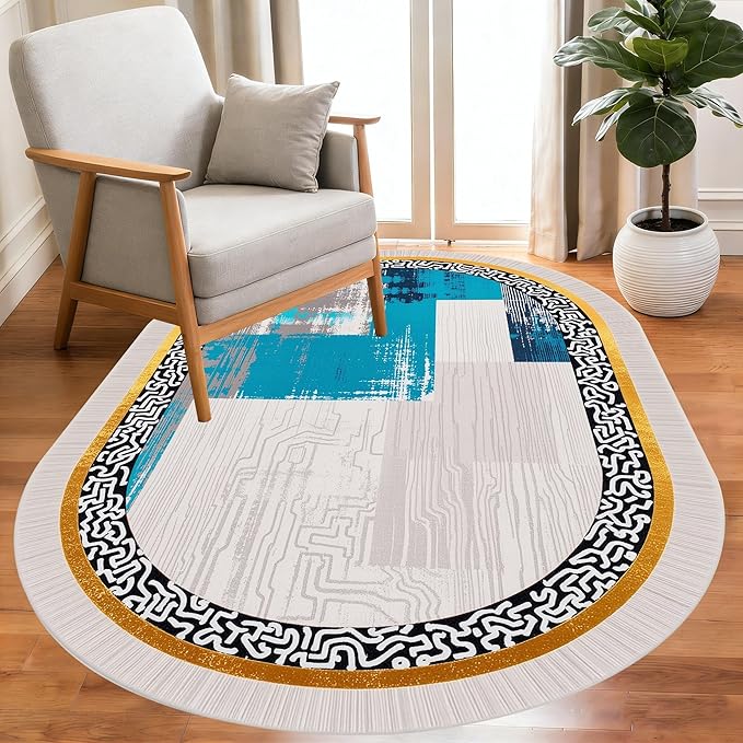 Vintage Luxury Grey Blue Gold Abstract Geometric Texture Oval Area Rug 10x14 for Living Room Bedroom Dining Room Minimalist Bordered Large Rugs Nursery Dorm Kitchen Entryway Soft Non Skid Floor Carpet