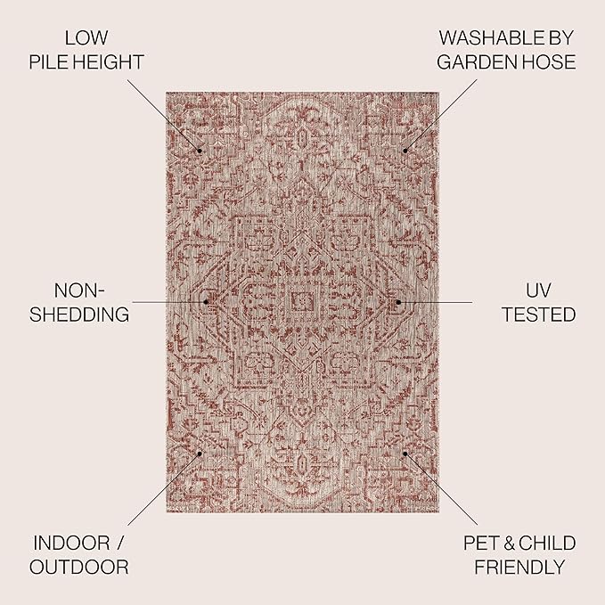 JONATHAN Y Boho Medallion Indoor Outdoor Square Area Rug 9X9 Red/Taupe, Estrella Textured Weave for Backyard, Patio, Porch, Easy-Cleaning, High Traffic, Pet-Friendly, Non-Shedding (SMB105A-9SQ)