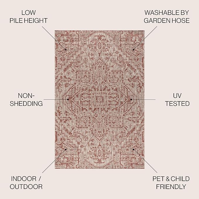 JONATHAN Y Boho Medallion Indoor Outdoor Round Area Rug 6 Ft Red/Taupe, Estrella Textured Weave for Backyard, Patio, Porch, Easy-Cleaning, High Traffic, Pet-Friendly, Non-Shedding (SMB105A-6R)