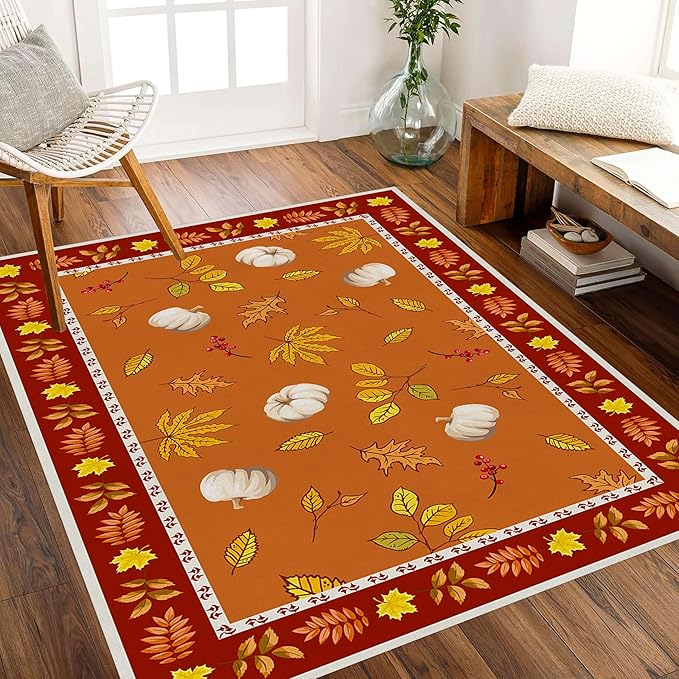 Fallen Leaves Carpet for Kitchen, 3x4ft, Autumn Pumpkins with Leave Orange Area Rug, Indoor Ultra-Thin Foldable Machine Washable Fun Pumpkin Bath Mat for Home Office Relax Room
