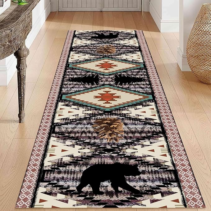 Wild Animal Runner, 2x10ft, Bohemian Southwestern Country Hallway Rug, Bear Pine Cone Long Runner, Comfortable Breathable Vintage Rug for Kitchen Dining Room Office