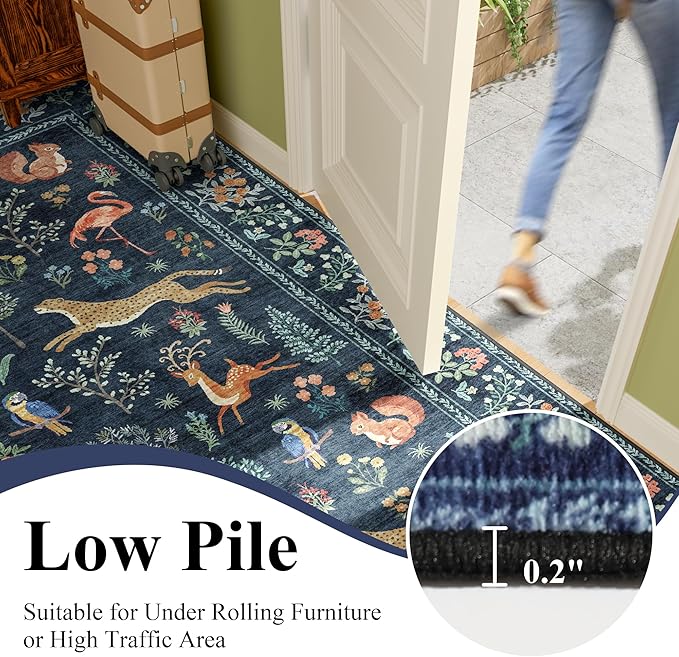 DUKINO 8x10 Rug, Washable Animal Living Room Rug with Non Slip Vintage Design, Soft Low Pile Large Carpet for Bedroom, Nursery, Dining Room, Farmhouse, Playroom, Navy Blue