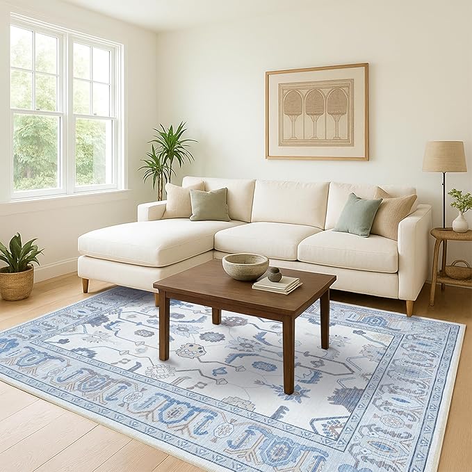 Fame Living Cream Blue Oushak Runner Rug, Modern Runners, Vintage, Turkish, Eclectic, Floral, Pastel, Washable, Long Runner Rugs for Hallway, Kitchen, Living Room, Bedroom, Kitchen, Bathroom, 2'5"x13'